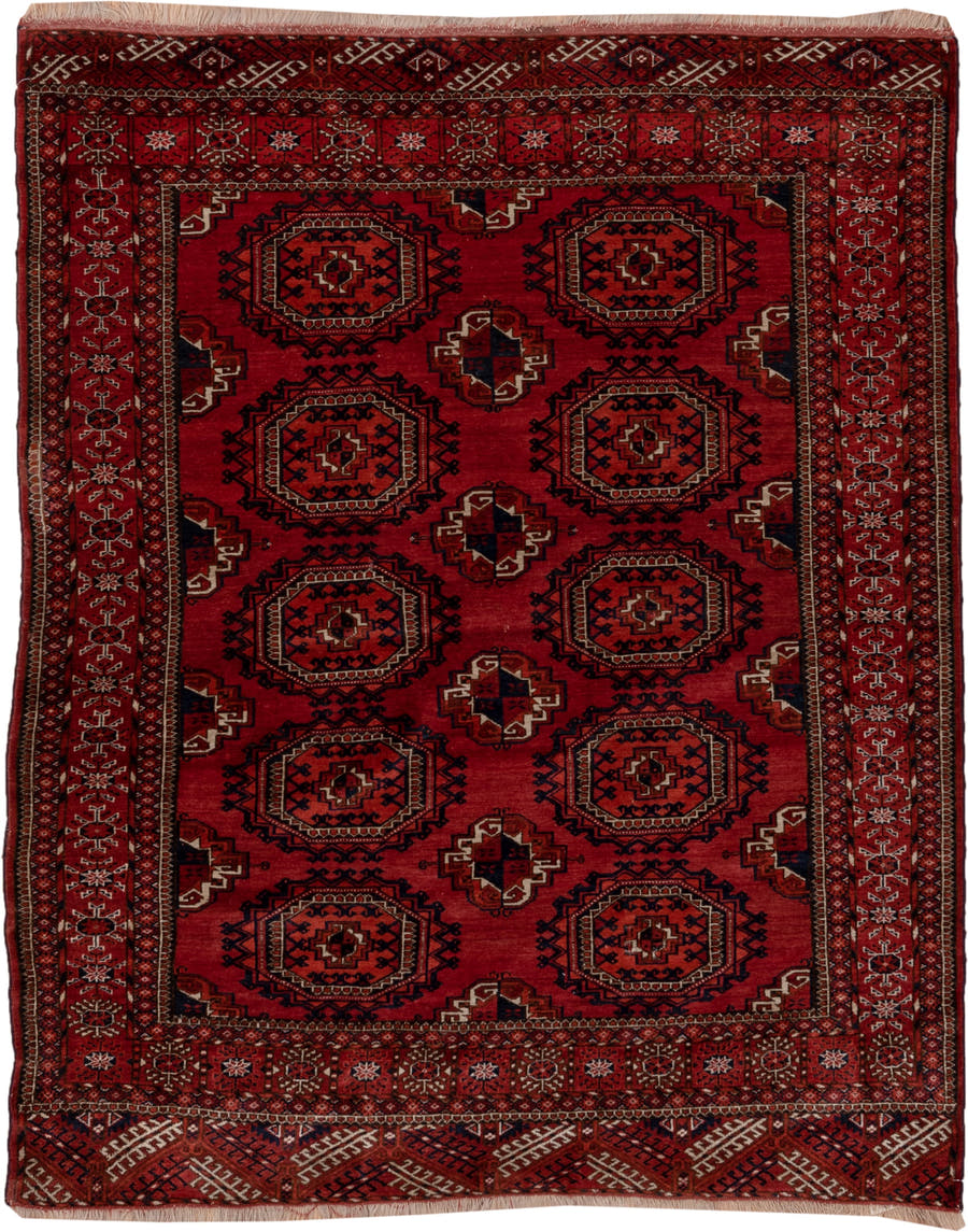 4' x 5' one-of-a-kind handmade antique Torkaman rug. Color palette: crimson, burgundy, rust, ivory, navy, charcoal, rose