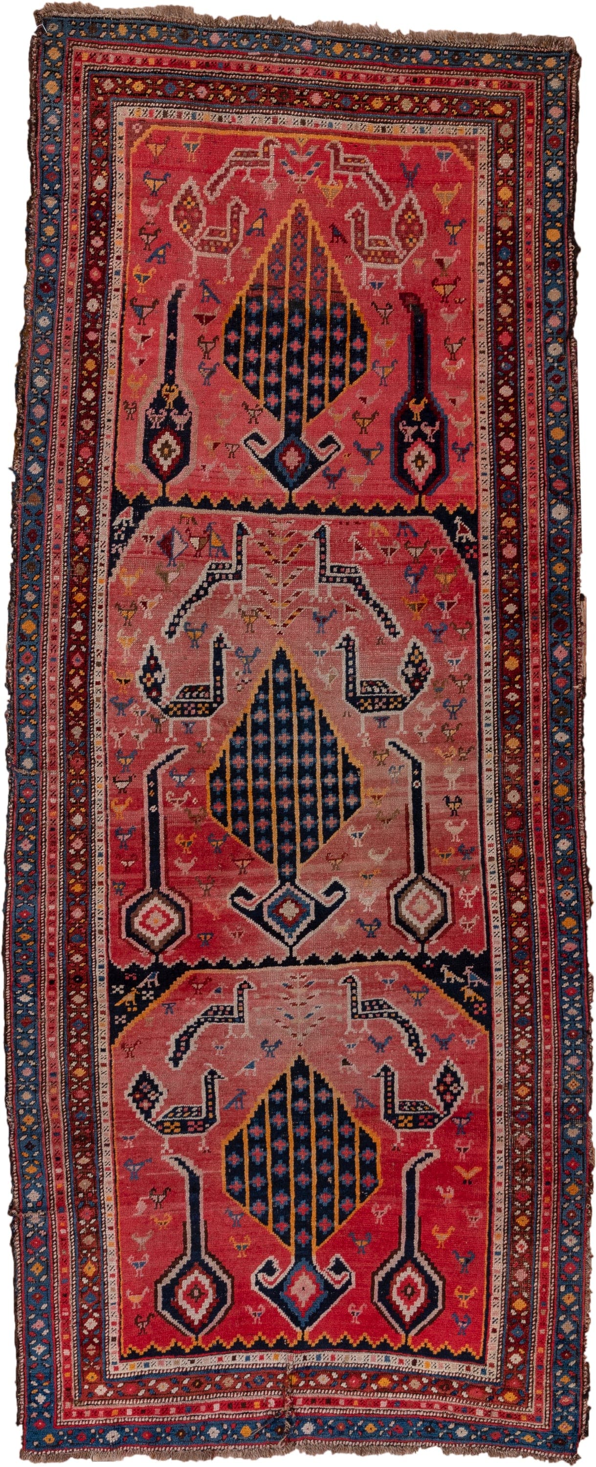 3' x 8' one-of-a-kind handmade antique Karabagh runner rug. Color palette: rose, indigo, crimson, ivory, navy, gold, coral