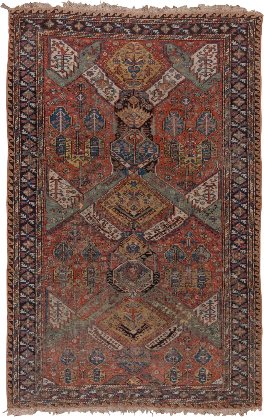 6' x 10' one-of-a-kind handmade antique Sumak large size rug. Color palette: rust, indigo, ivory, camel, aqua, charcoal