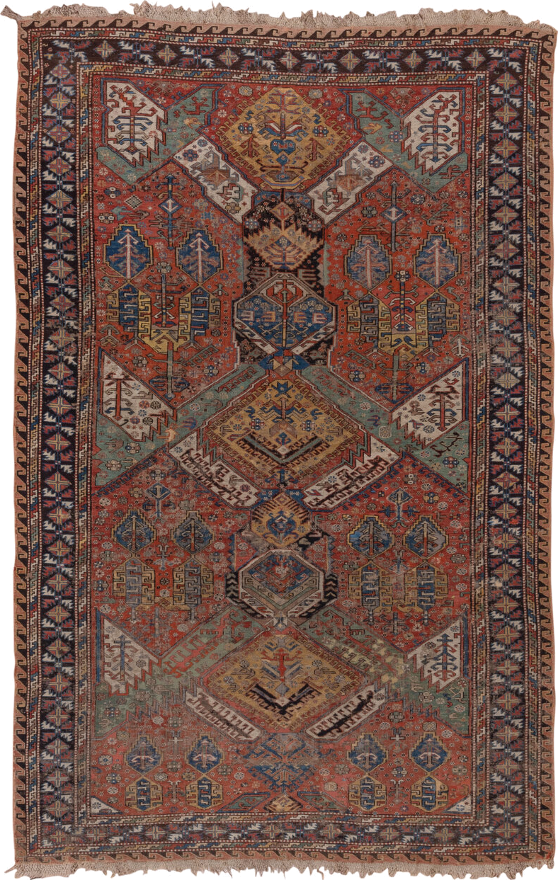 6' x 10' one-of-a-kind handmade antique Sumak large size rug. Color palette: rust, indigo, ivory, camel, aqua, charcoal