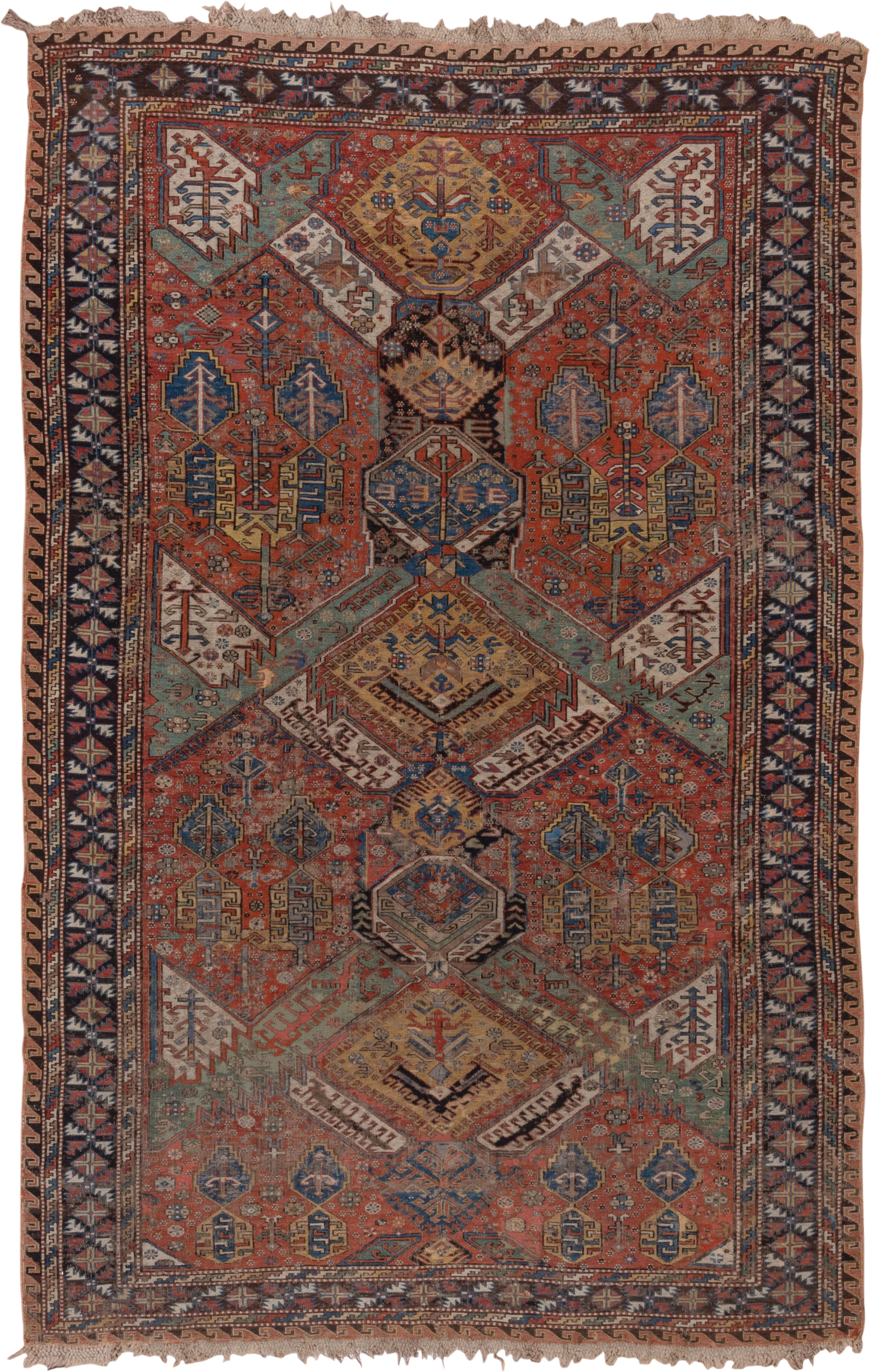 6' x 10' one-of-a-kind handmade antique Sumak large size rug. Color palette: rust, indigo, ivory, camel, aqua, charcoal