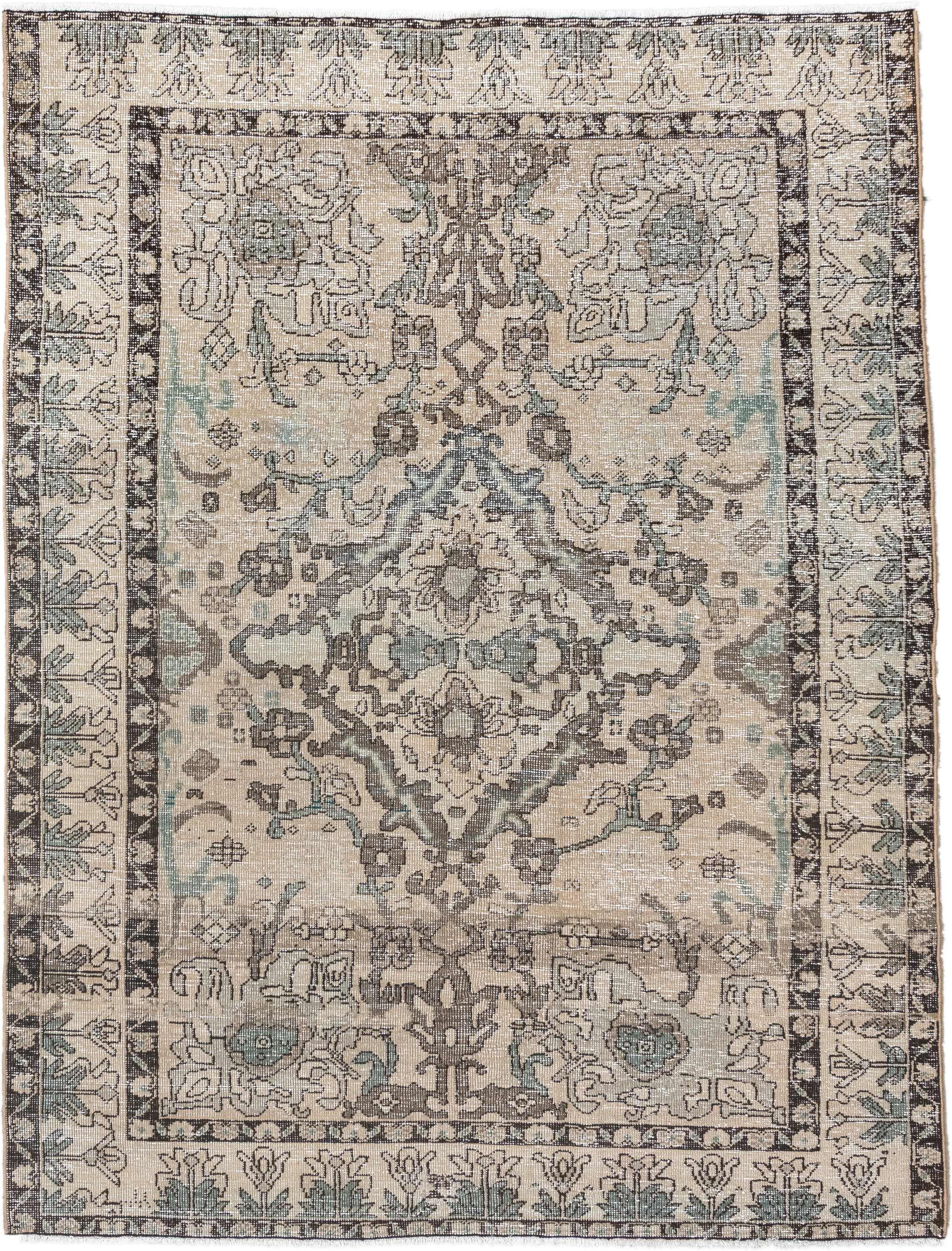 5' x 6' one-of-a-kind handmade vintage Baktiary rug. Color palette: ivory, charcoal, taupe, pale aqua, sage, beige, black