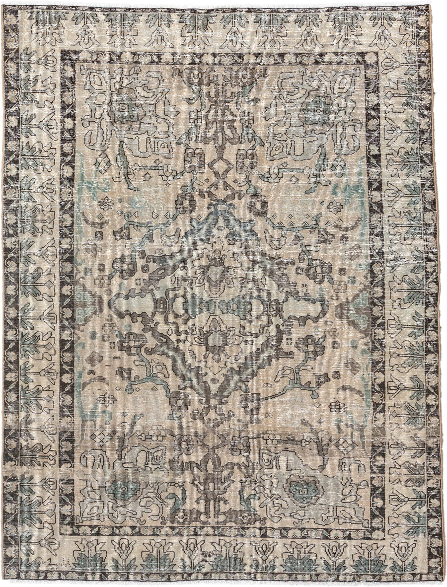5' x 6' one-of-a-kind handmade vintage Baktiary rug. Color palette: ivory, charcoal, taupe, pale aqua, sage, beige, black