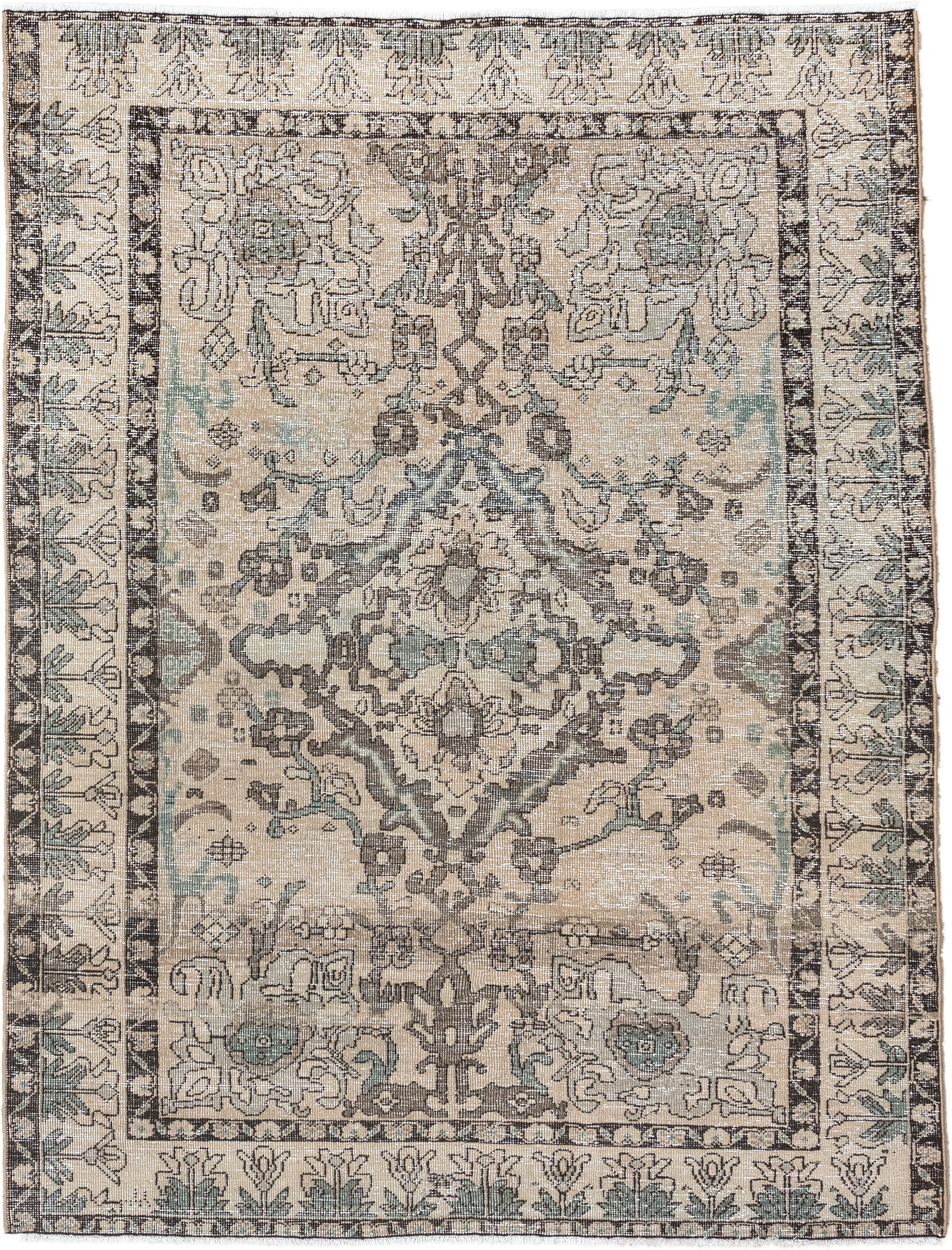 5' x 6' one-of-a-kind handmade vintage Baktiary rug. Color palette: ivory, charcoal, taupe, pale aqua, sage, beige, black