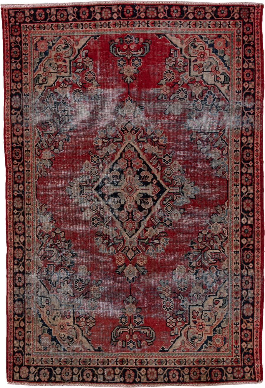4' x 6' one-of-a-kind handmade vintage Mahal small size rug. Color palette: terracotta, navy, ivory, rose, slate, charcoal