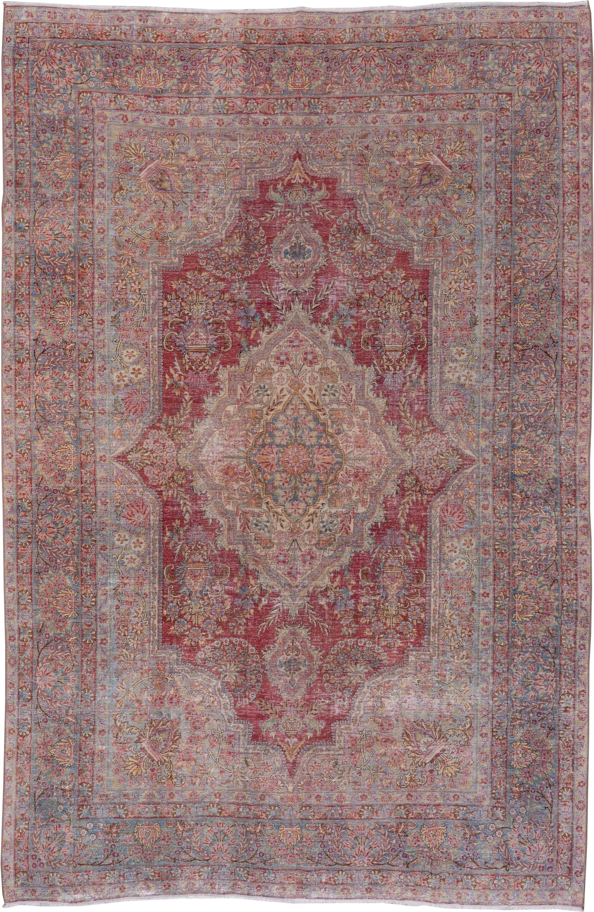 8' x 12' one-of-a-kind handmade vintage Kerman large size rug. Color palette: rose, powder blue, ivory, dusty pink, burgundy