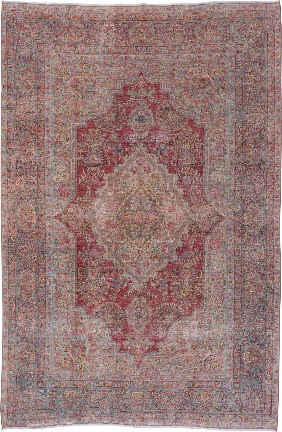 8' x 12' one-of-a-kind handmade vintage Kerman large size rug. Color palette: rose, powder blue, ivory, dusty pink, burgundy