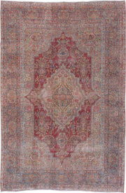 8' x 12' one-of-a-kind handmade vintage Kerman large size rug. Color palette: rose, powder blue, ivory, dusty pink, burgundy