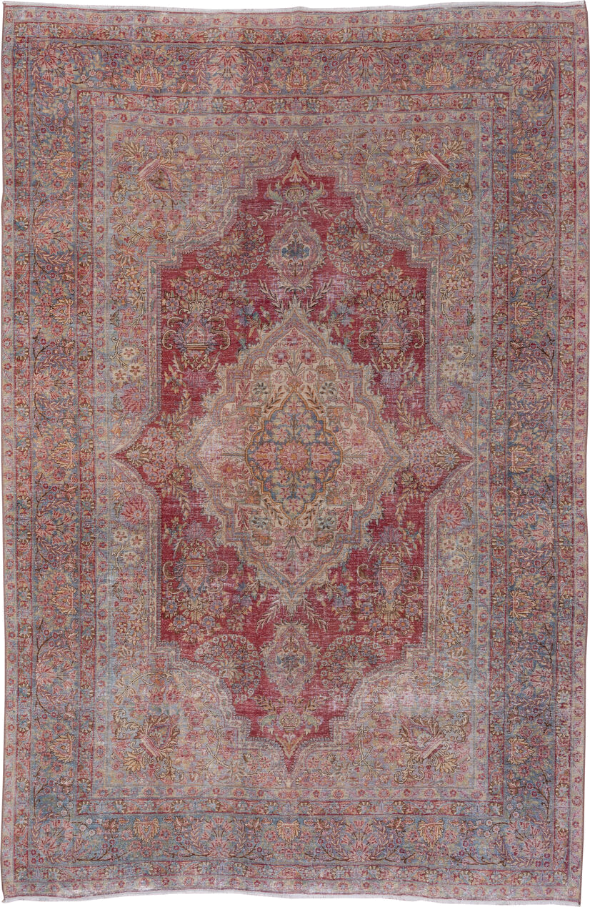 8' x 12' one-of-a-kind handmade vintage Kerman large size rug. Color palette: blue, brown, gray, light gray, pink, red