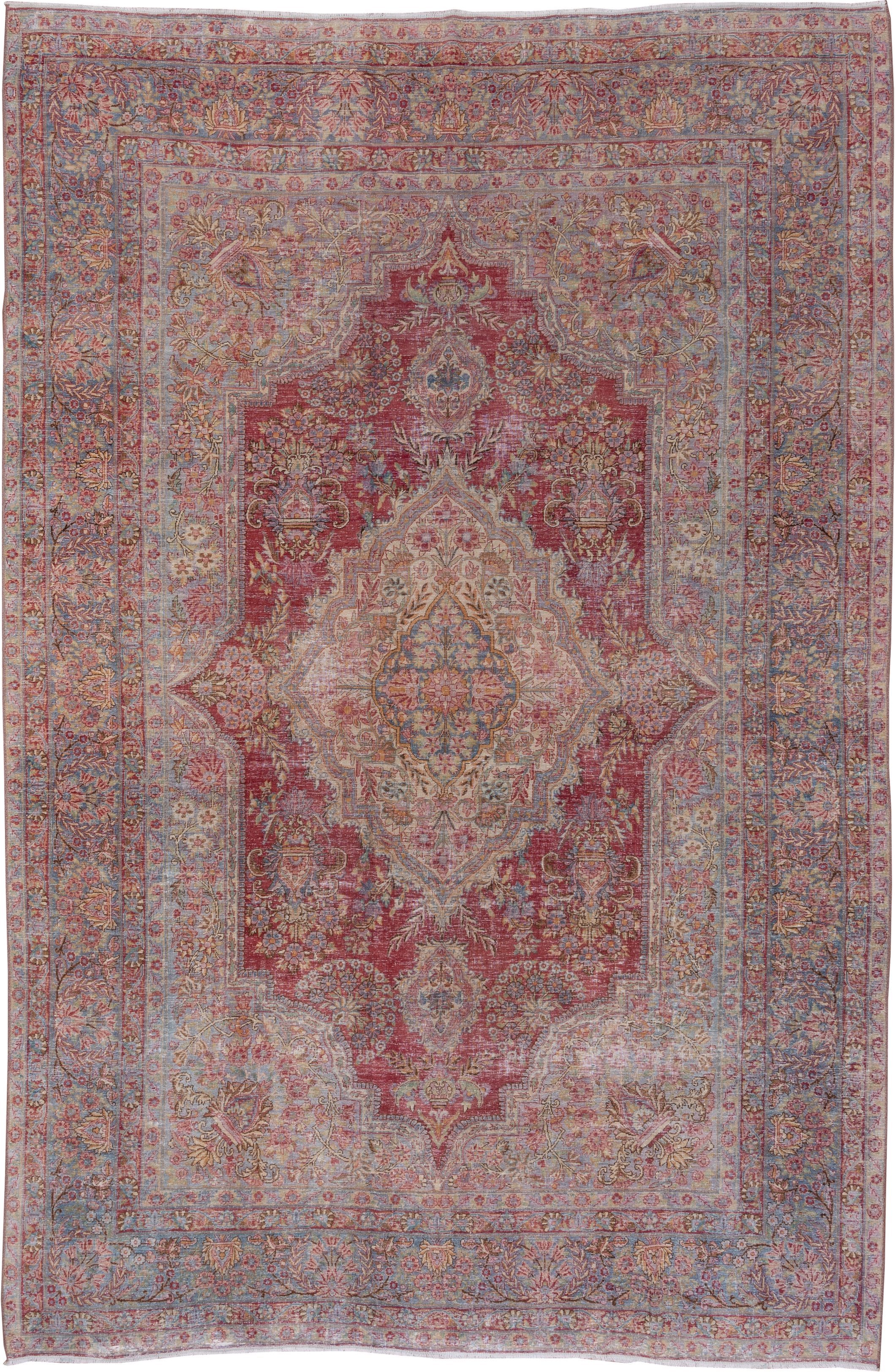 8' x 12' one-of-a-kind handmade vintage Kerman large size rug. Color palette: rose, powder blue, ivory, dusty pink, burgundy