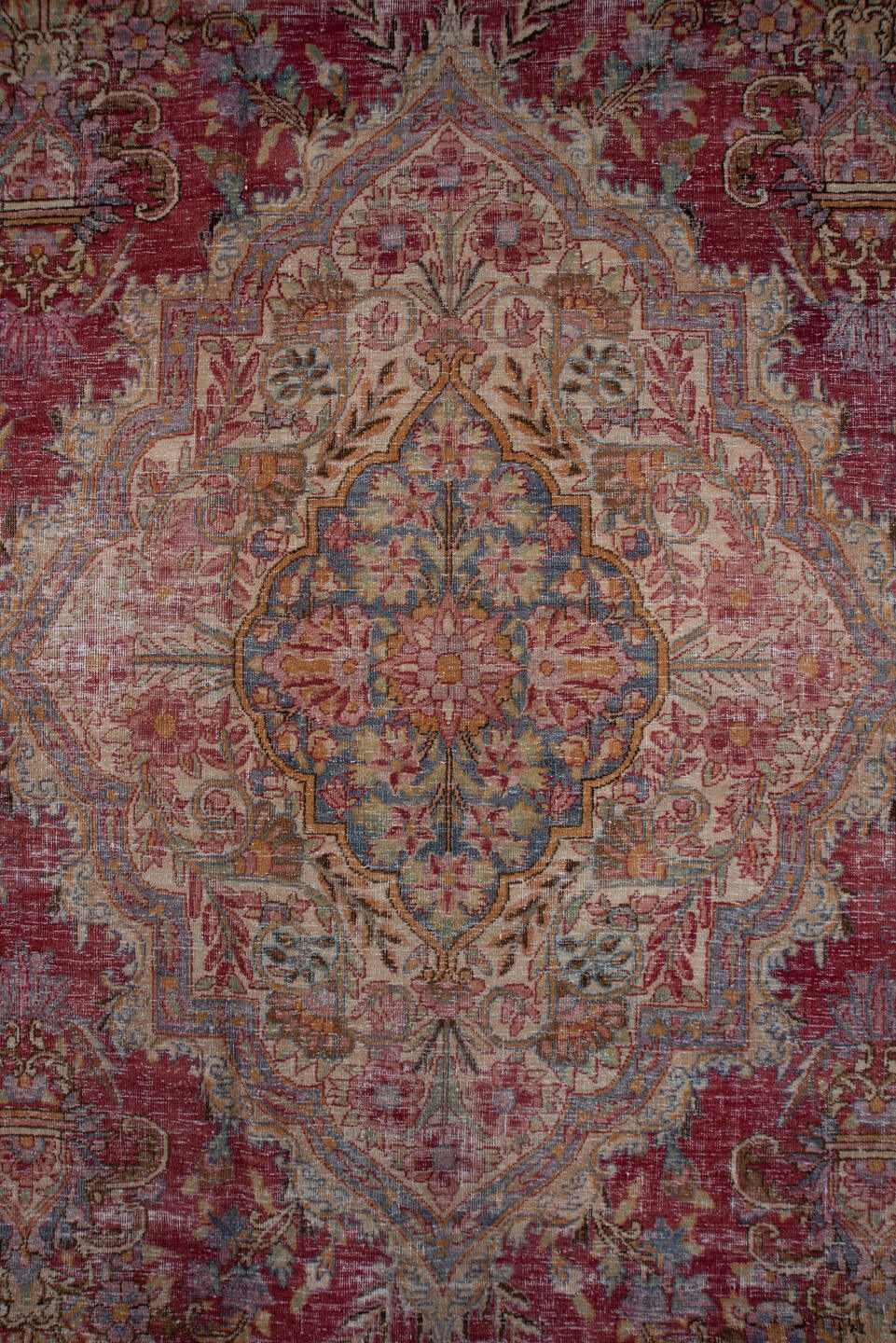 8' x 12' one-of-a-kind handmade vintage Kerman large size rug. Color palette: rose, powder blue, ivory, dusty pink, burgundy