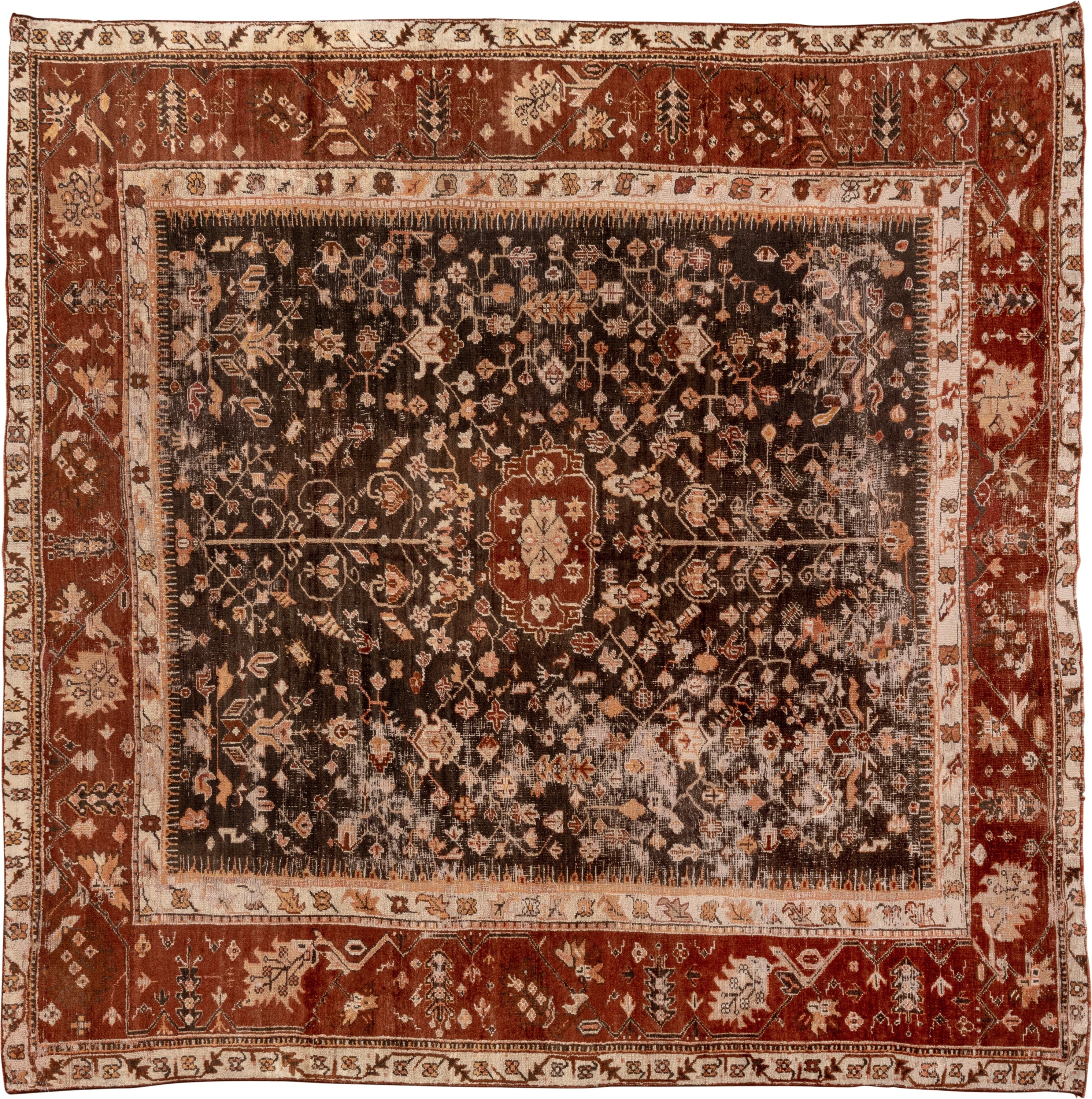 10' x 10' one-of-a-kind handmade vintage Oushak large size rug. Color palette: rust, dark brown, ivory, peach, taupe
