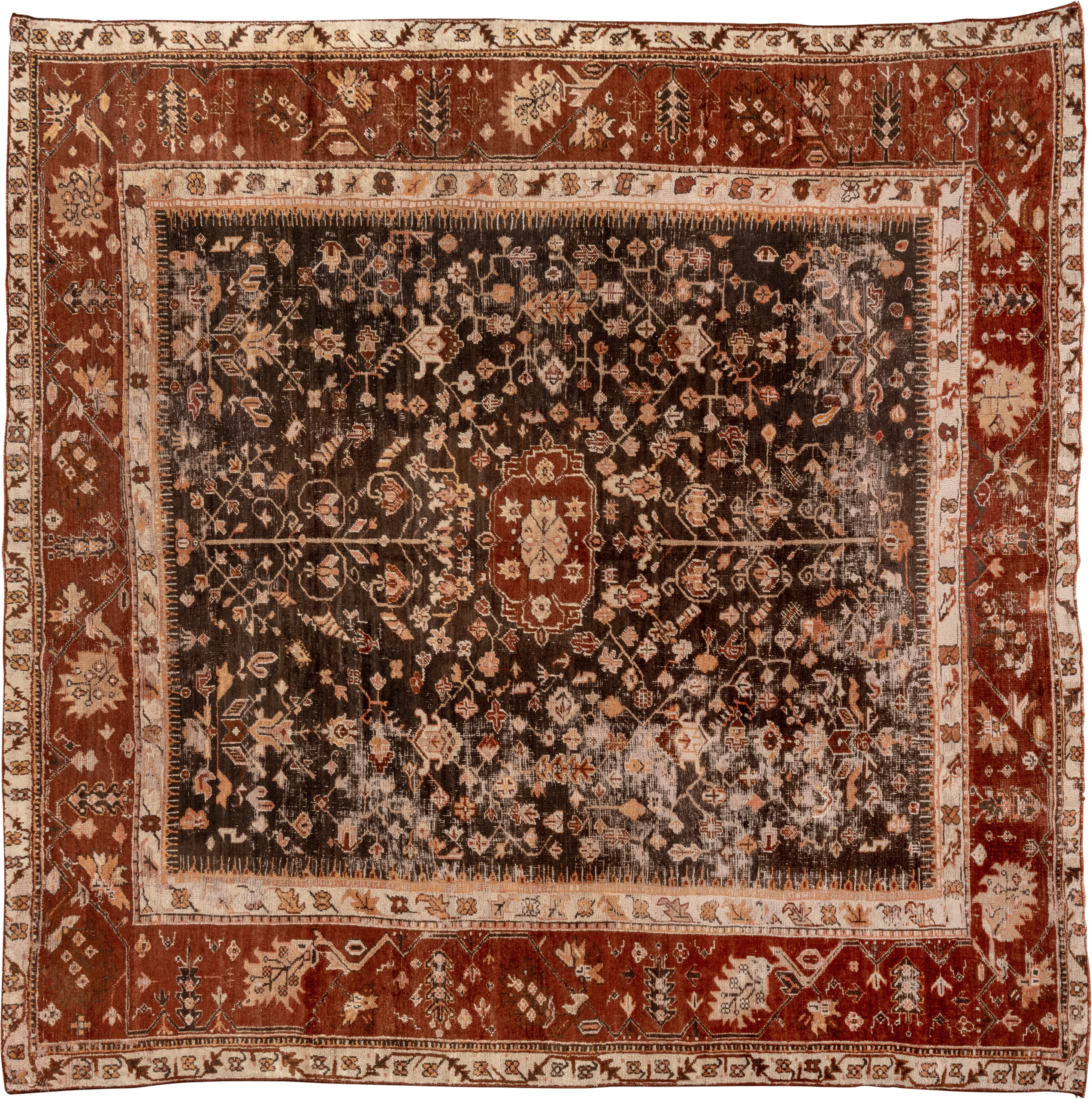 10' x 10' one-of-a-kind handmade vintage Oushak large size rug. Color palette: rust, dark brown, ivory, peach, taupe
