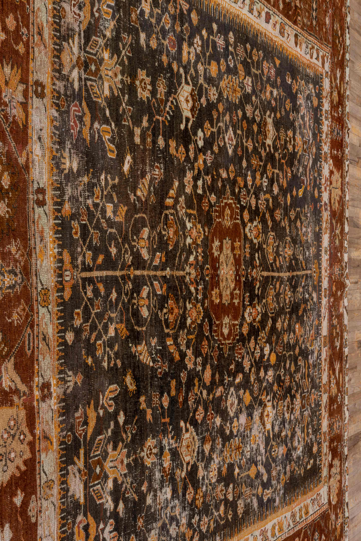 10' x 10' one-of-a-kind handmade vintage Oushak large size rug. Color palette: rust, dark brown, ivory, peach, taupe