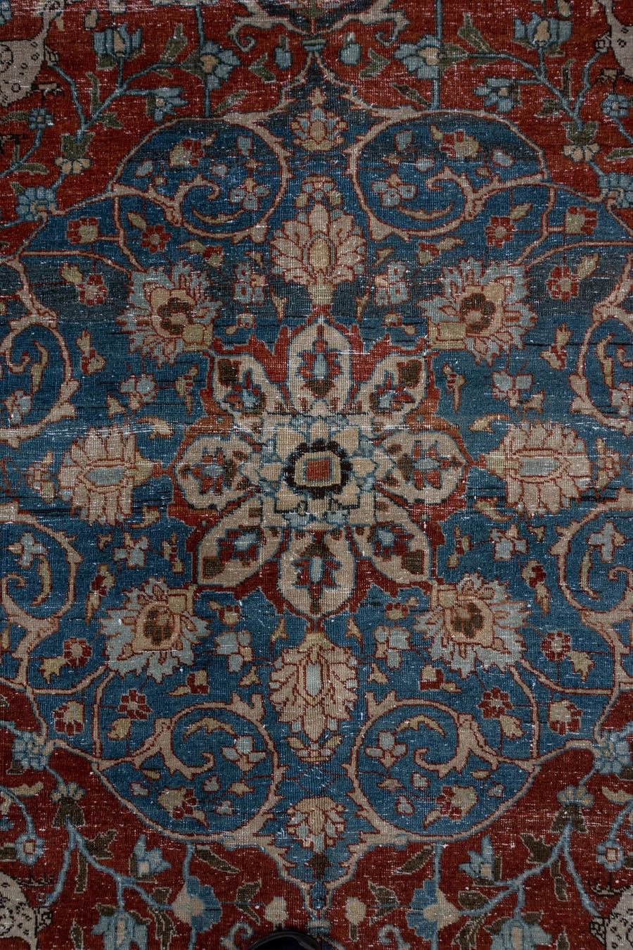 8' x 11' one-of-a-kind handmade antique Tabriz large size rug. Color palette: rust, blue, navy, ivory, beige, camel