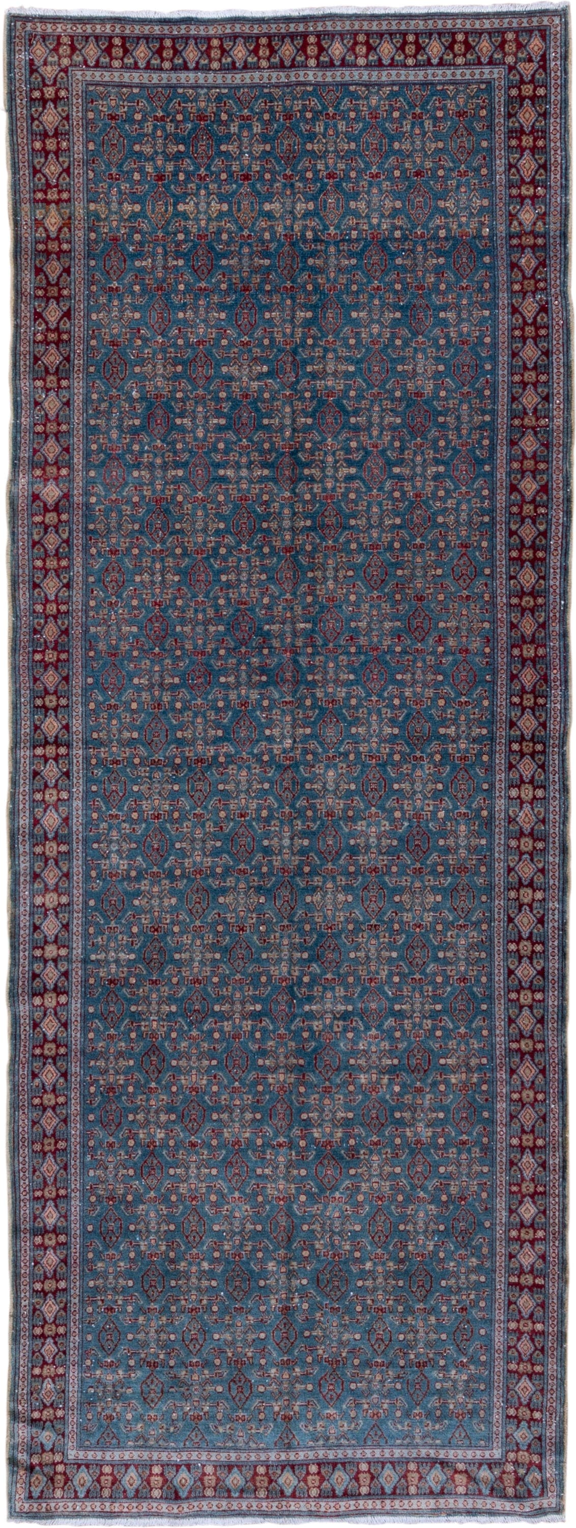 3' x 9' one-of-a-kind handmade antique Senne runner rug. Color palette: blue, burgundy, ivory, slate, rose, navy, gray, pink