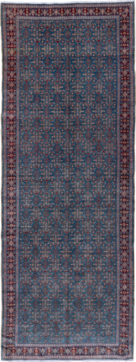 3' x 9' one-of-a-kind handmade antique Senne runner rug. Color palette: blue, burgundy, ivory, slate, rose, navy, gray, pink