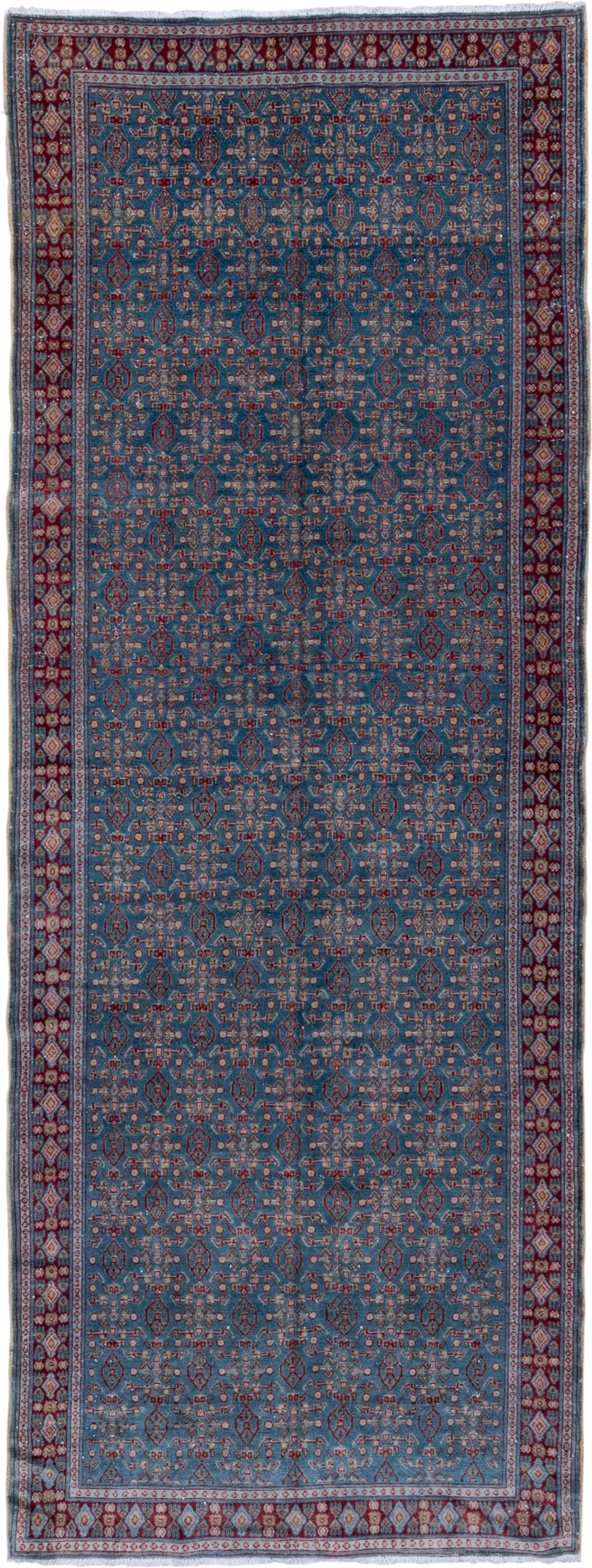 3' x 9' one-of-a-kind handmade antique Senne runner rug. Color palette: blue, burgundy, ivory, slate, rose, navy, gray, pink