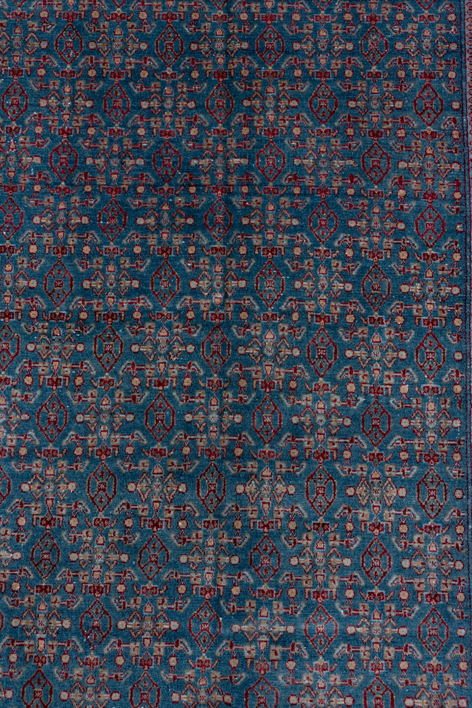 3' x 9' one-of-a-kind handmade antique Senne runner rug. Color palette: blue, burgundy, ivory, slate, rose, navy, gray, pink