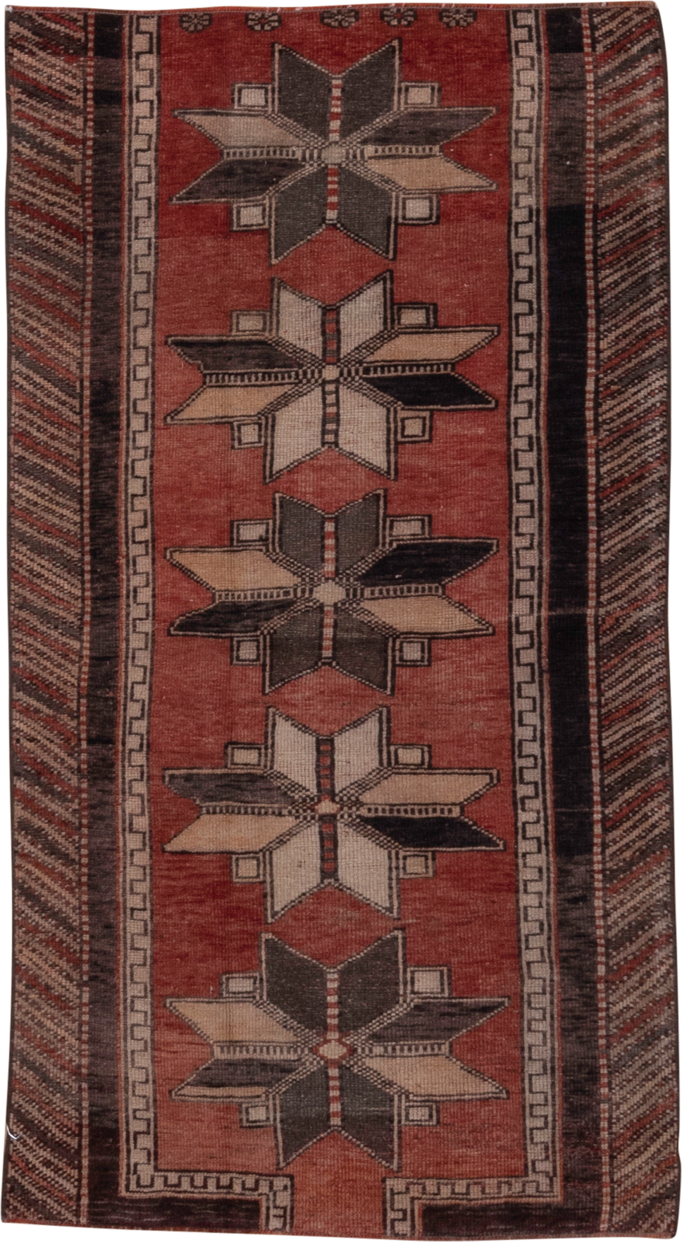 2' x 5' one-of-a-kind handmade antique Oushak small size rug. Color palette: rust, charcoal, ivory, taupe, brown, burgundy
