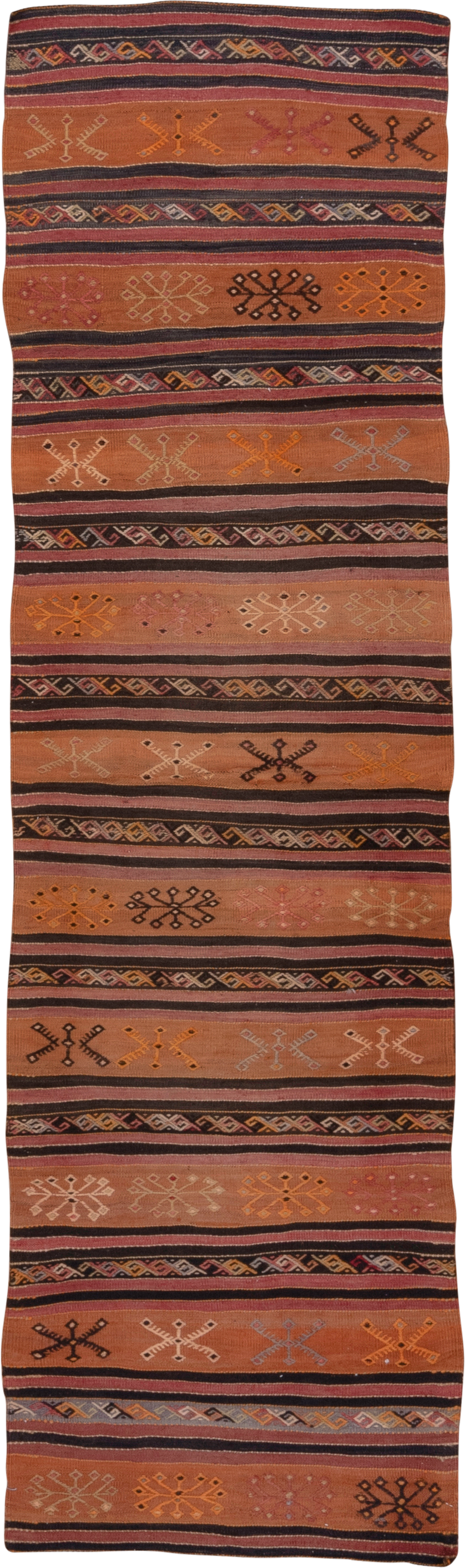 2' x 8' one-of-a-kind handmade vintage Kilim runner rug. Color palette: terra cotta, rust, charcoal, ivory, gold, rose