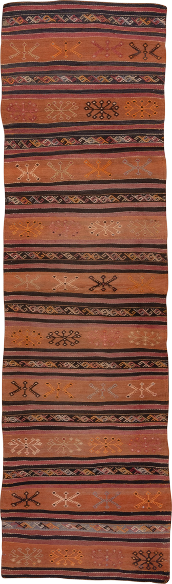 2' x 8' one-of-a-kind handmade vintage Kilim runner rug. Color palette: black, brown, gray, pink