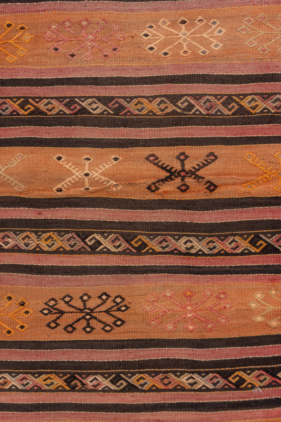 2' x 8' one-of-a-kind handmade vintage Kilim runner rug. Color palette: terra cotta, rust, charcoal, ivory, gold, rose