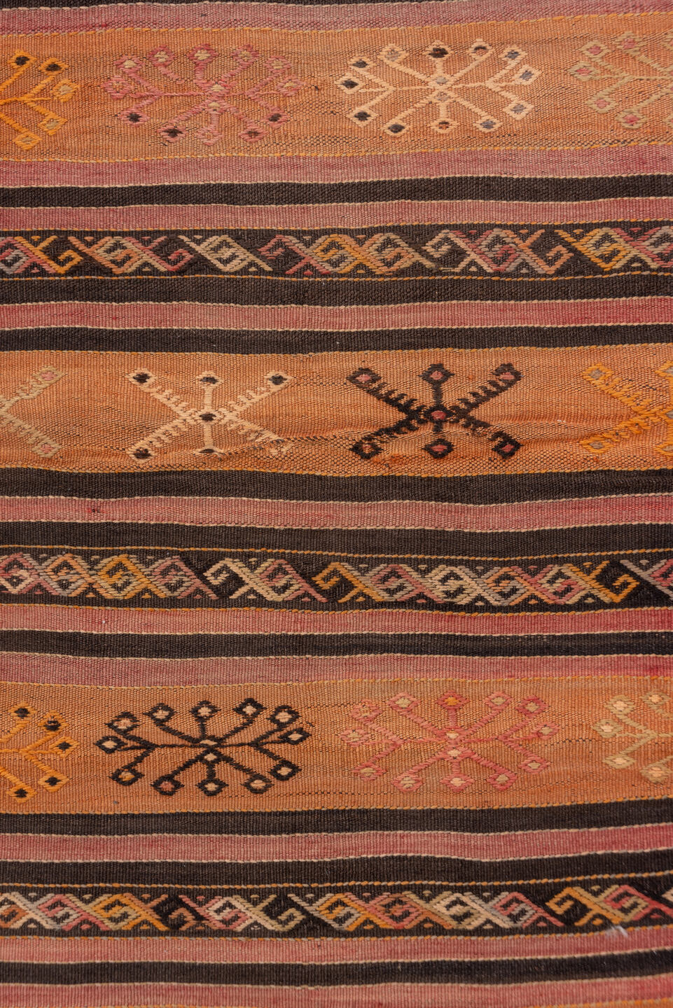 2' x 8' one-of-a-kind handmade vintage Kilim runner rug. Color palette: terra cotta, rust, charcoal, ivory, gold, rose