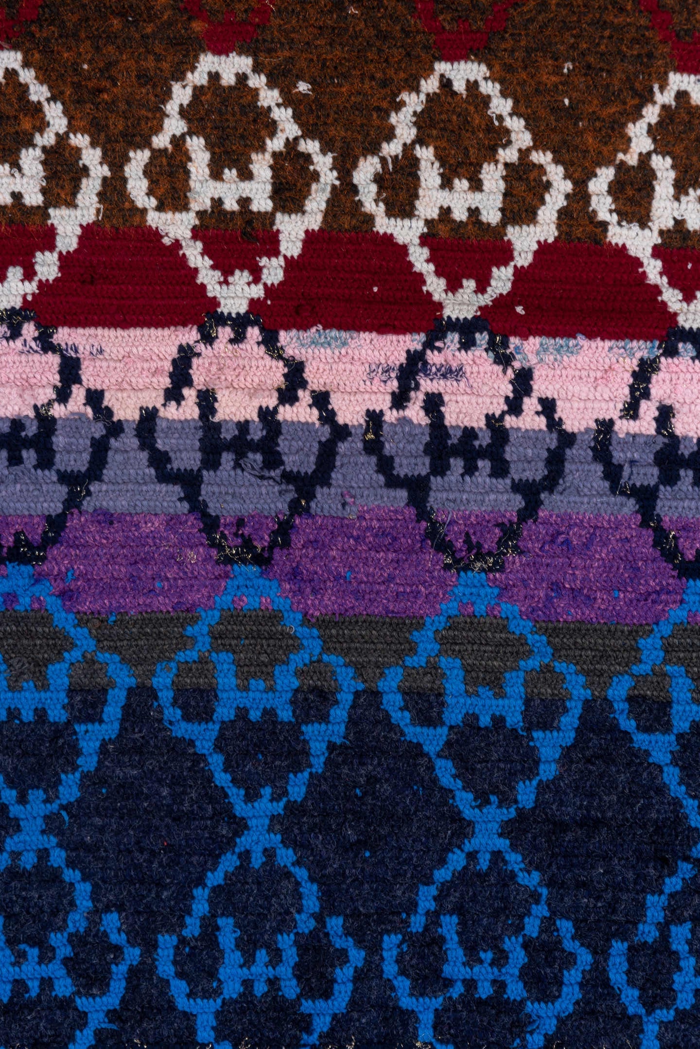 3' x 4' one-of-a-kind handmade vintage Rag Rug small size rug. Color palette: navy, cobalt, brown, ivory, charcoal, plum