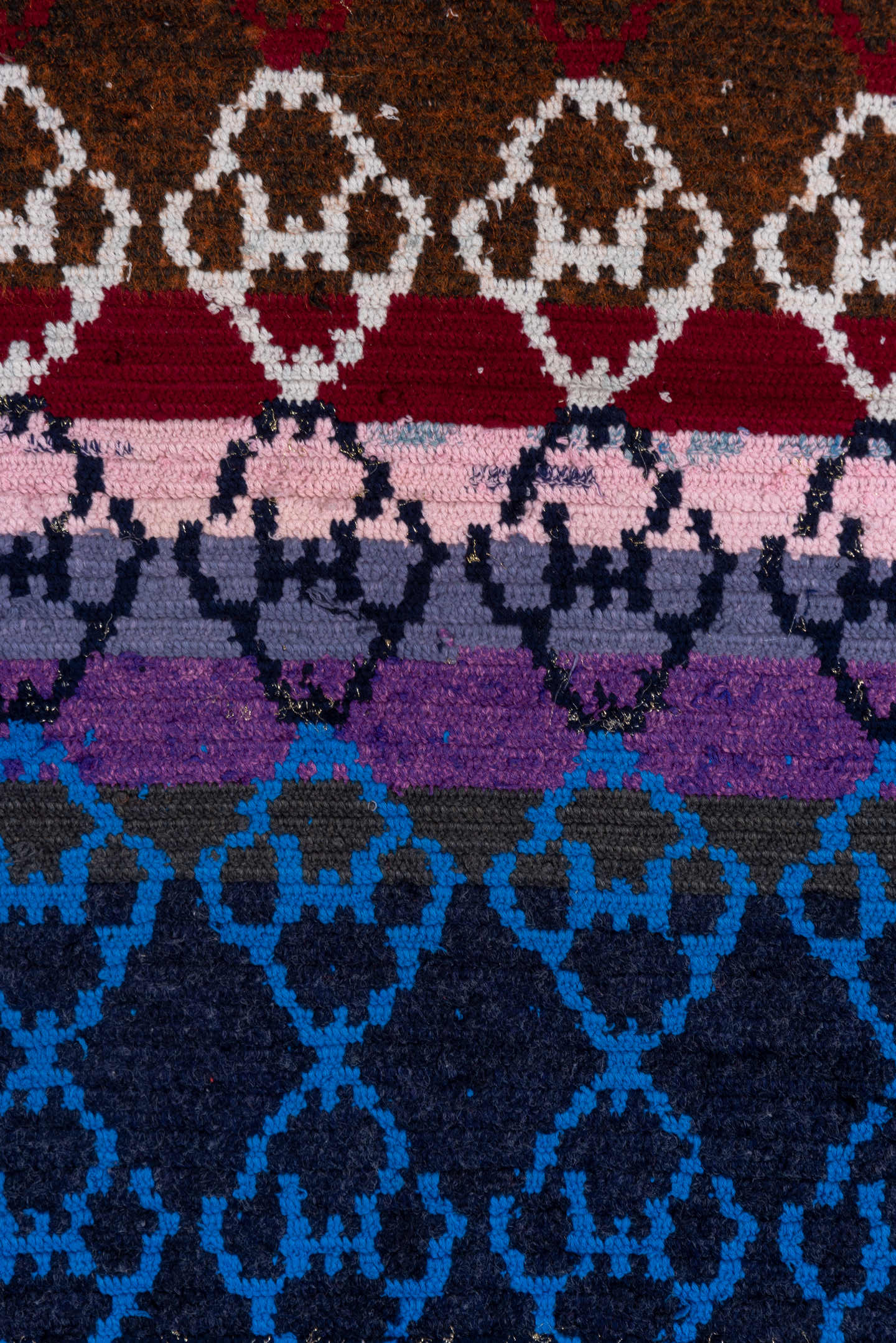 3' x 4' one-of-a-kind handmade vintage Rag Rug small size rug. Color palette: navy, cobalt, brown, ivory, charcoal, plum