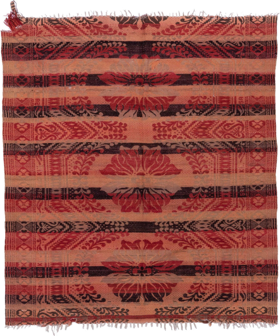 6' x 6' one-of-a-kind handmade antique Kilim rug. Color palette: blush, coral, rust, rose, brown, charcoal, terra cotta