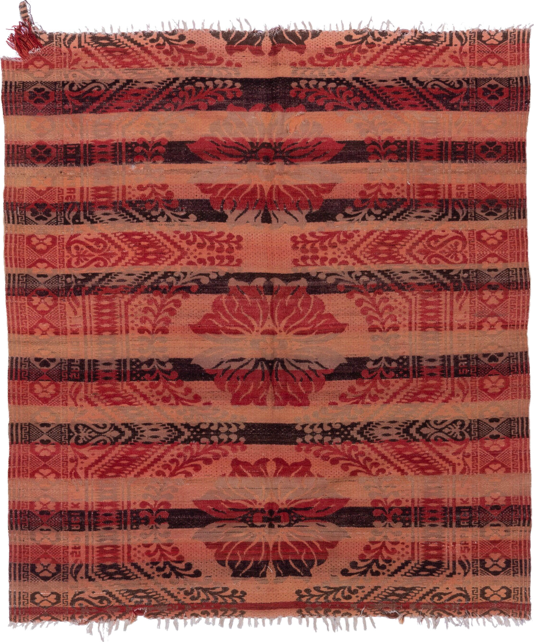 6' x 6' one-of-a-kind handmade antique Kilim rug. Color palette: blush, coral, rust, rose, brown, charcoal, terra cotta