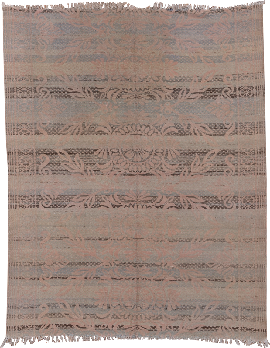 5' x 7' one-of-a-kind handmade antique Kilim rug. Color palette: blush, taupe, dusty rose, gray, beige, charcoal, pink