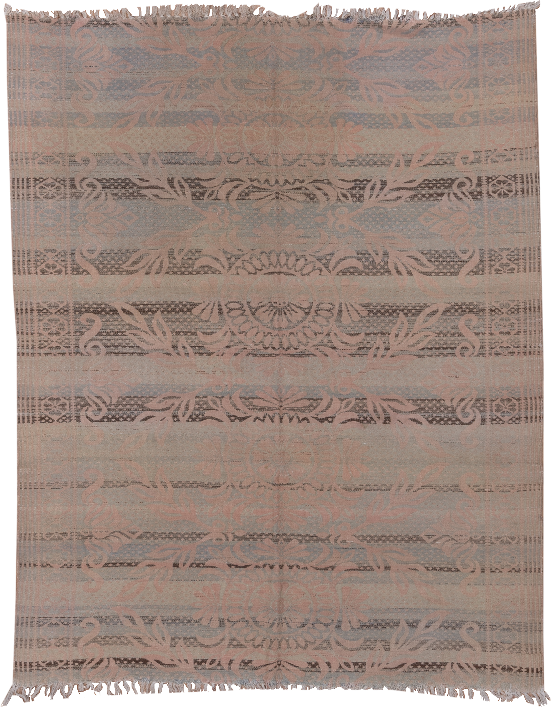 5' x 7' one-of-a-kind handmade antique Kilim rug. Color palette: blush, taupe, dusty rose, gray, beige, charcoal, pink