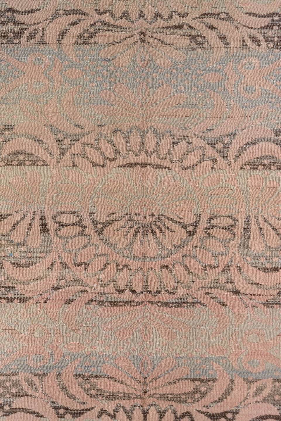 5' x 7' one-of-a-kind handmade antique Kilim rug. Color palette: blush, taupe, dusty rose, gray, beige, charcoal, pink
