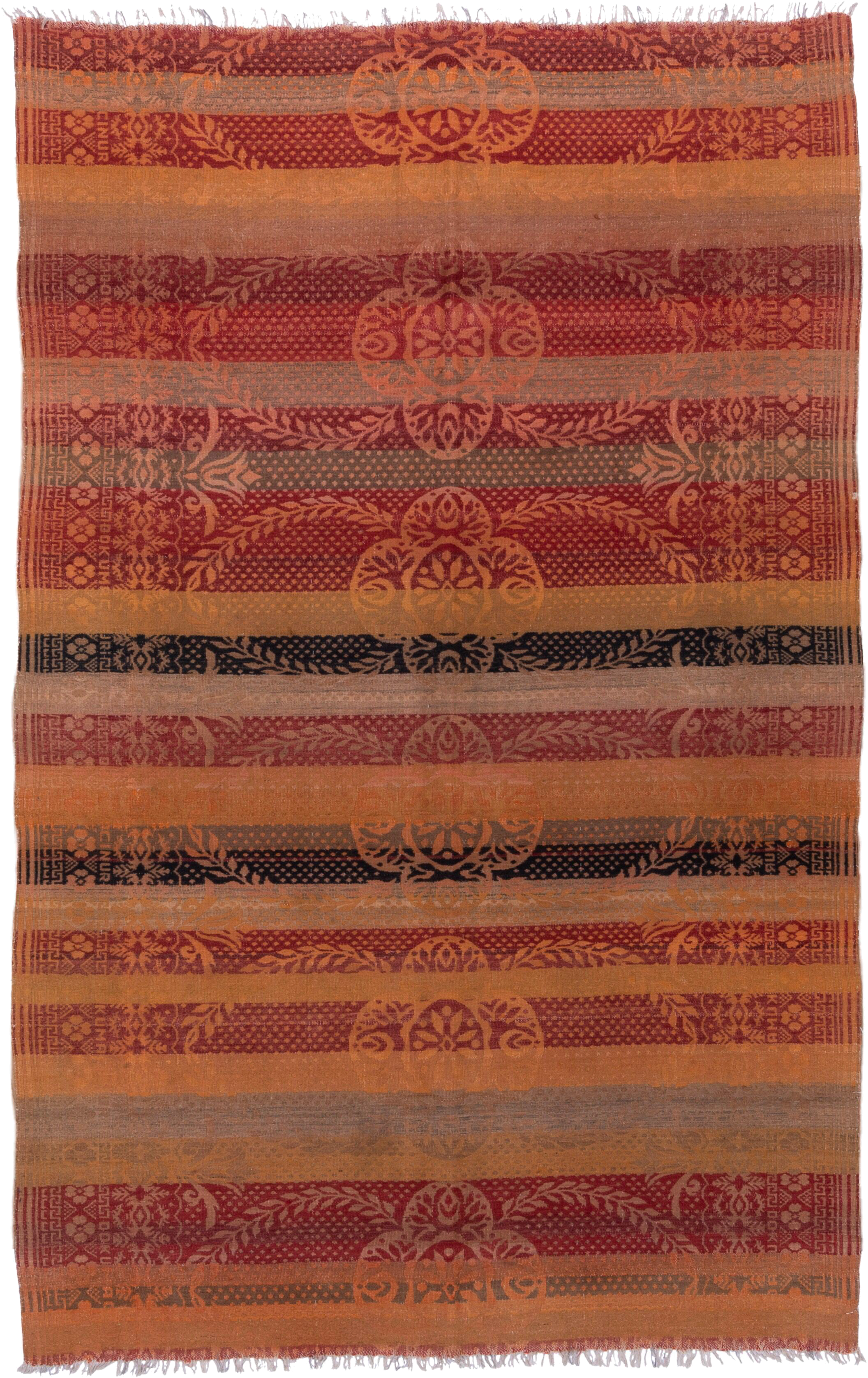 5' x 8' one-of-a-kind handmade antique Kilim medium size rug. Color palette: terra cotta, rust, burgundy, taupe, charcoal