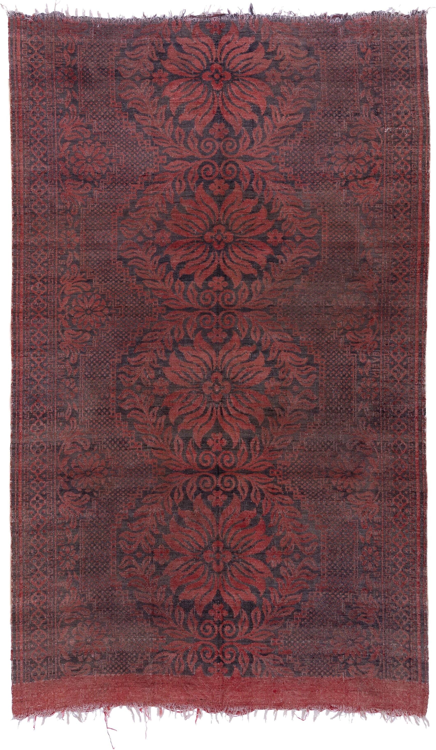 5' x 9' one-of-a-kind handmade antique Kilim medium size rug. Color palette: rust, charcoal, burgundy, mahogany, rose