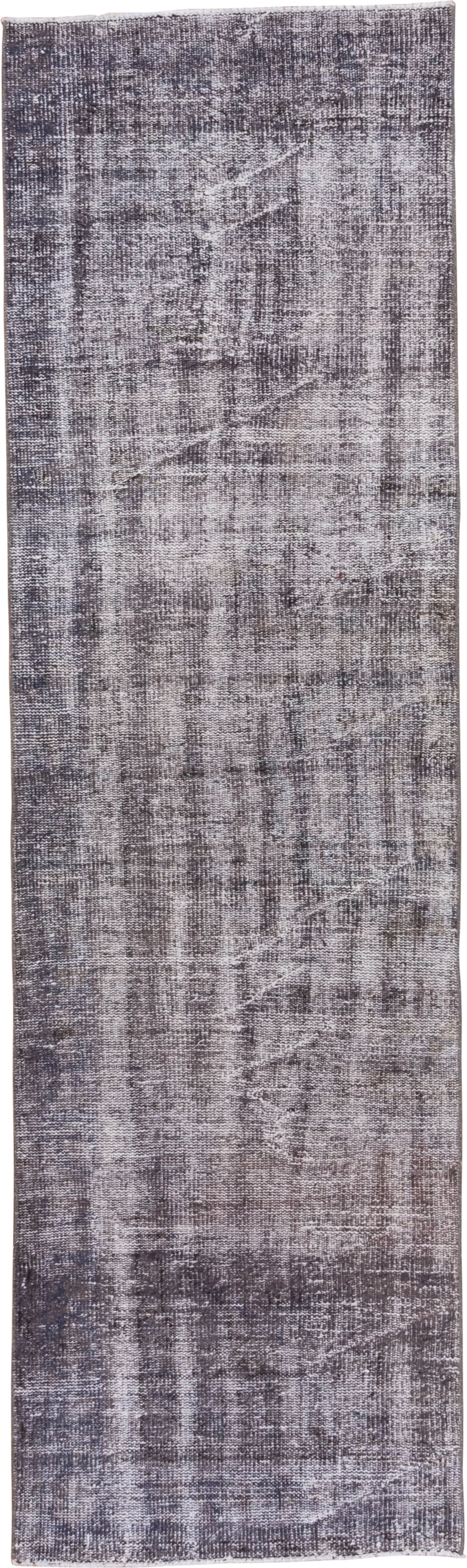 2' x 9' one-of-a-kind handmade vintage Overdyed runner rug. Color palette: taupe, charcoal, gray, ivory, beige, black