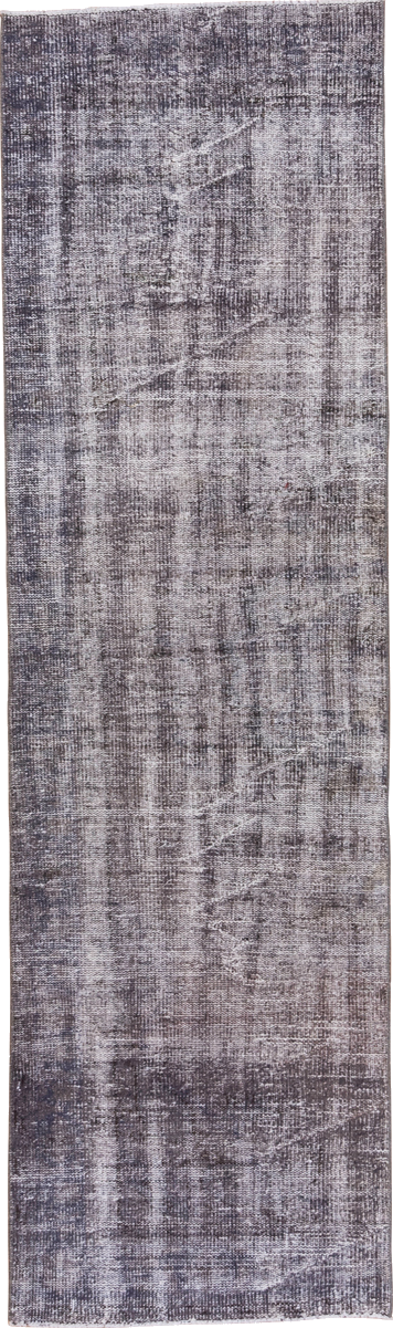 2' x 9' one-of-a-kind handmade vintage Overdyed runner rug. Color palette: black, gainsboro, gray, light gray, off-white