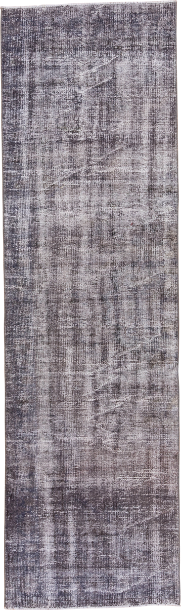 2' x 9' one-of-a-kind handmade vintage Overdyed runner rug. Color palette: taupe, charcoal, gray, ivory, beige, black