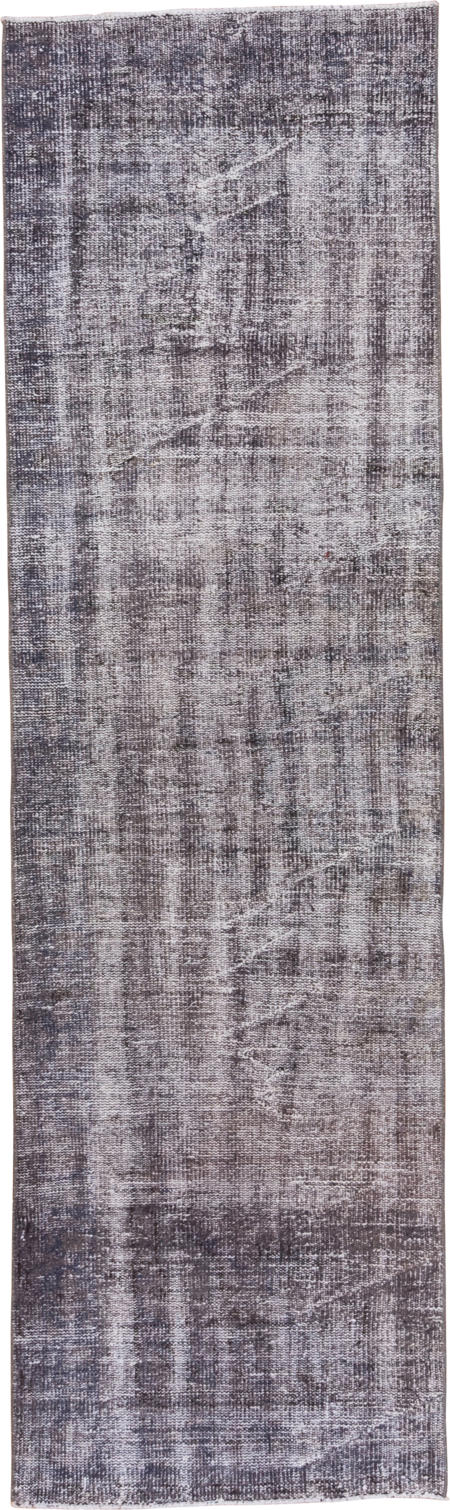 2' x 9' one-of-a-kind handmade vintage Overdyed runner rug. Color palette: taupe, charcoal, gray, ivory, beige, black
