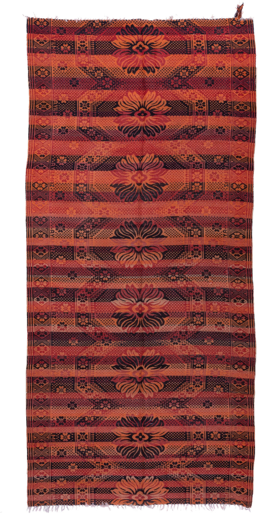 5' x 11' one-of-a-kind handmade antique Kilim rug. Color palette: terra cotta, rust, coral, mahogany, burgundy, rose