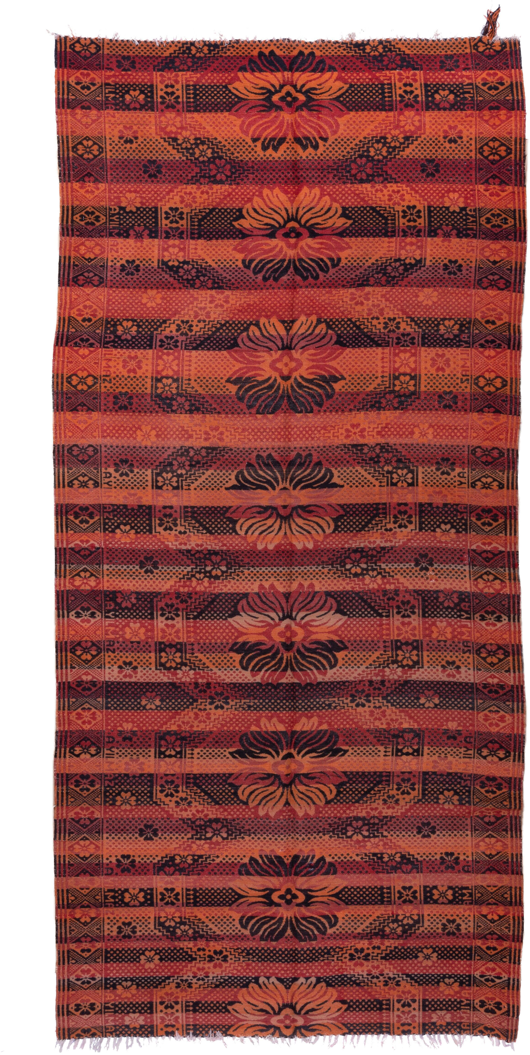 5' x 11' one-of-a-kind handmade antique Kilim rug. Color palette: terra cotta, rust, coral, mahogany, burgundy, rose