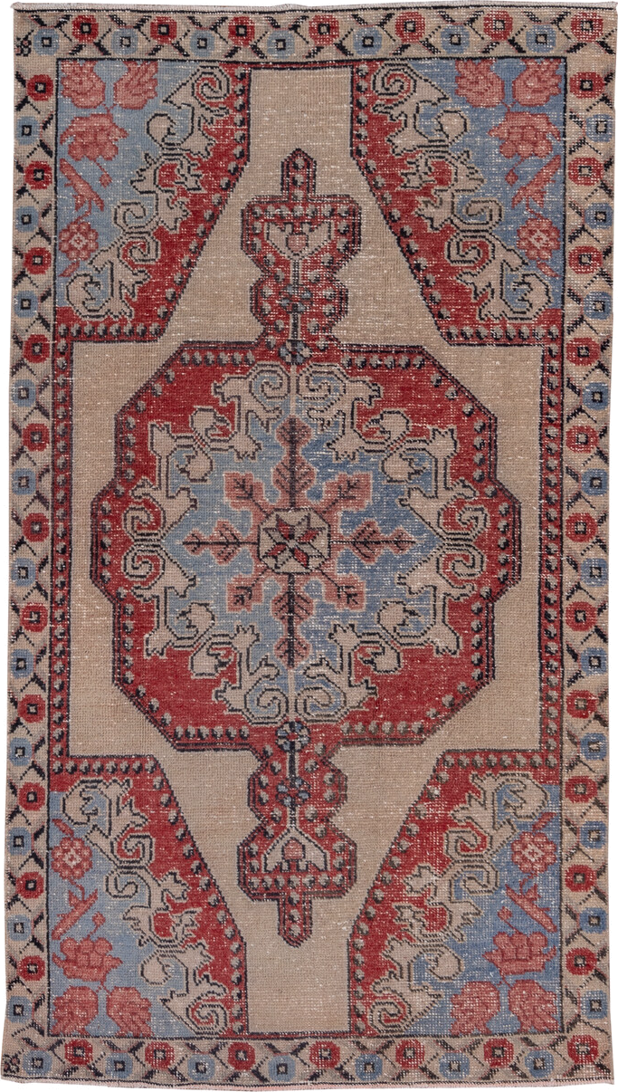 4' x 7' one-of-a-kind handmade vintage Oushak rug. Color palette: ivory, coral, sky_blue, taupe, slate, rose, terracotta