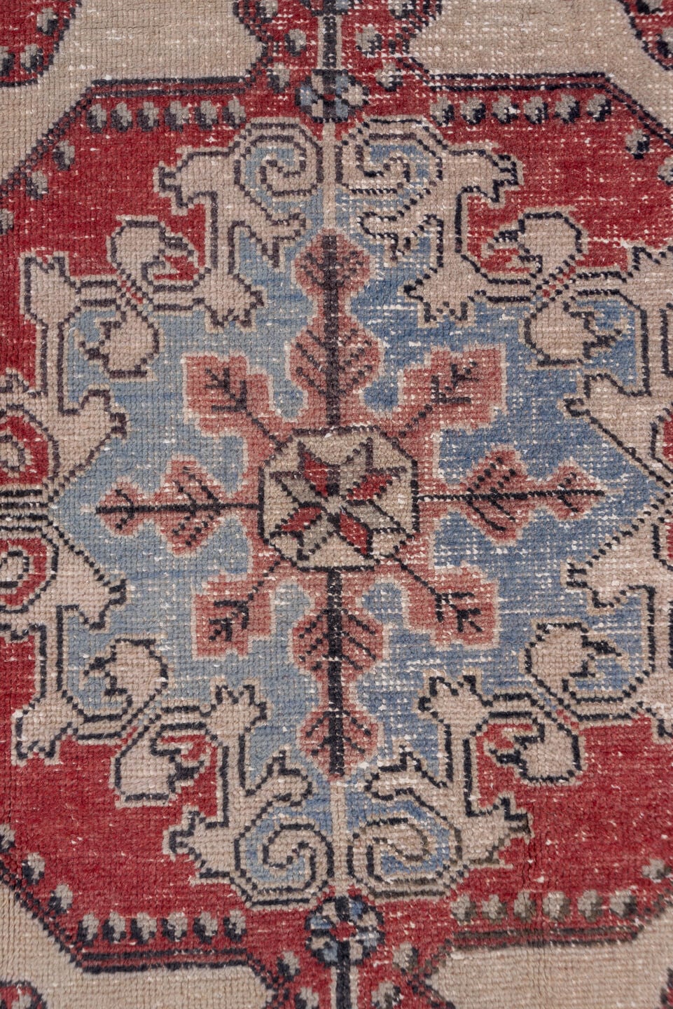 4' x 7' one-of-a-kind handmade vintage Oushak rug. Color palette: ivory, coral, sky_blue, taupe, slate, rose, terracotta