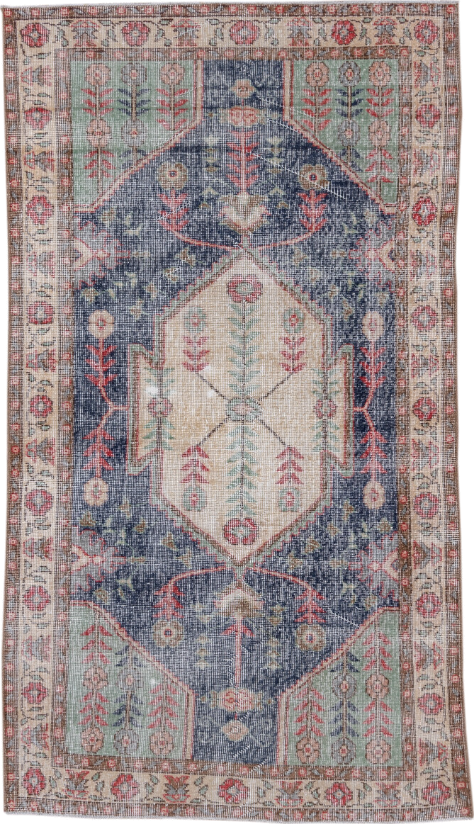 3' x 6' one-of-a-kind handmade vintage Oushak small size rug. Color palette: ivory, slate, sage, coral, rose, taupe, gray