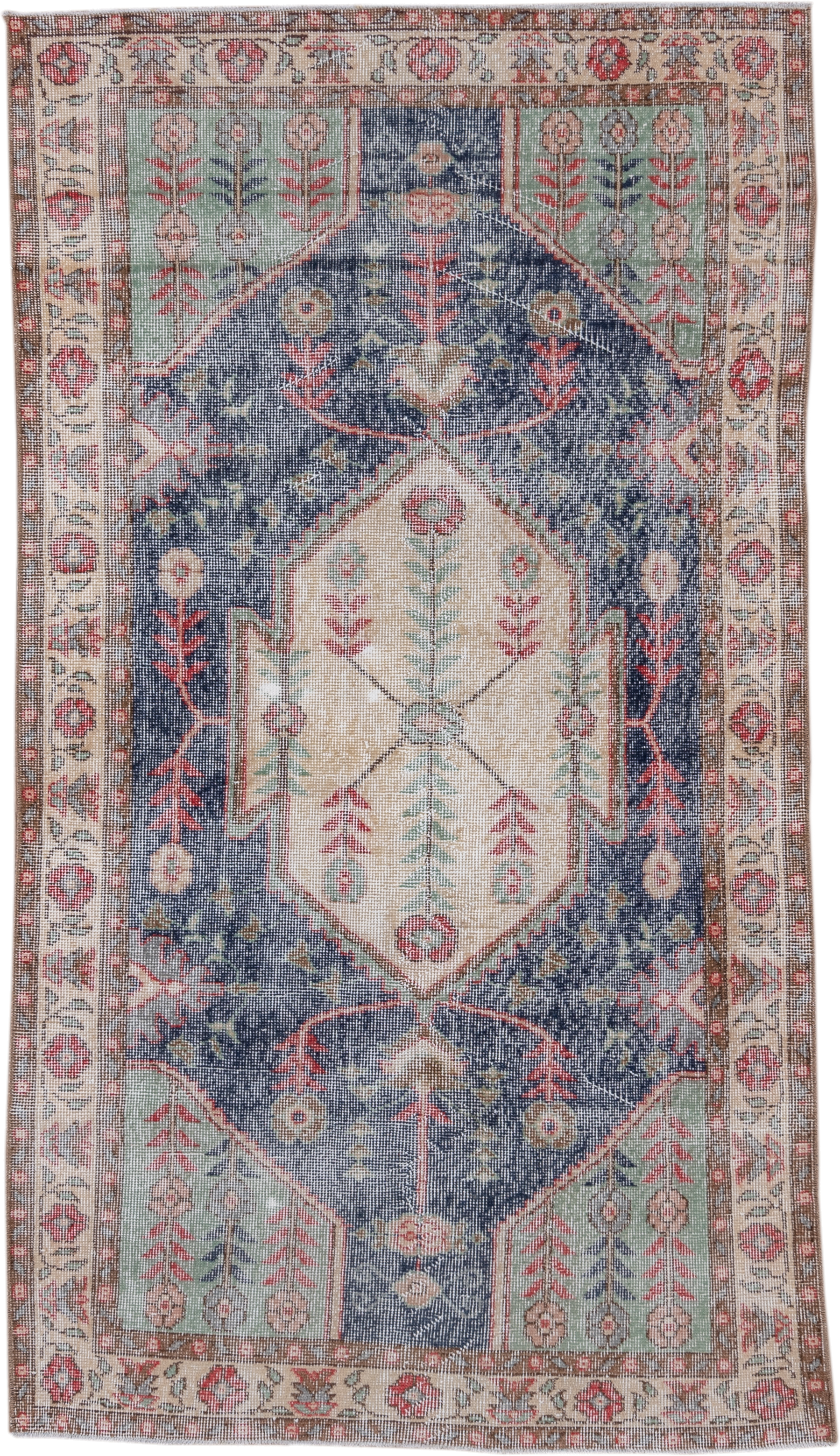 3' x 6' one-of-a-kind handmade vintage Oushak small size rug. Color palette: ivory, slate, sage, coral, rose, taupe, gray