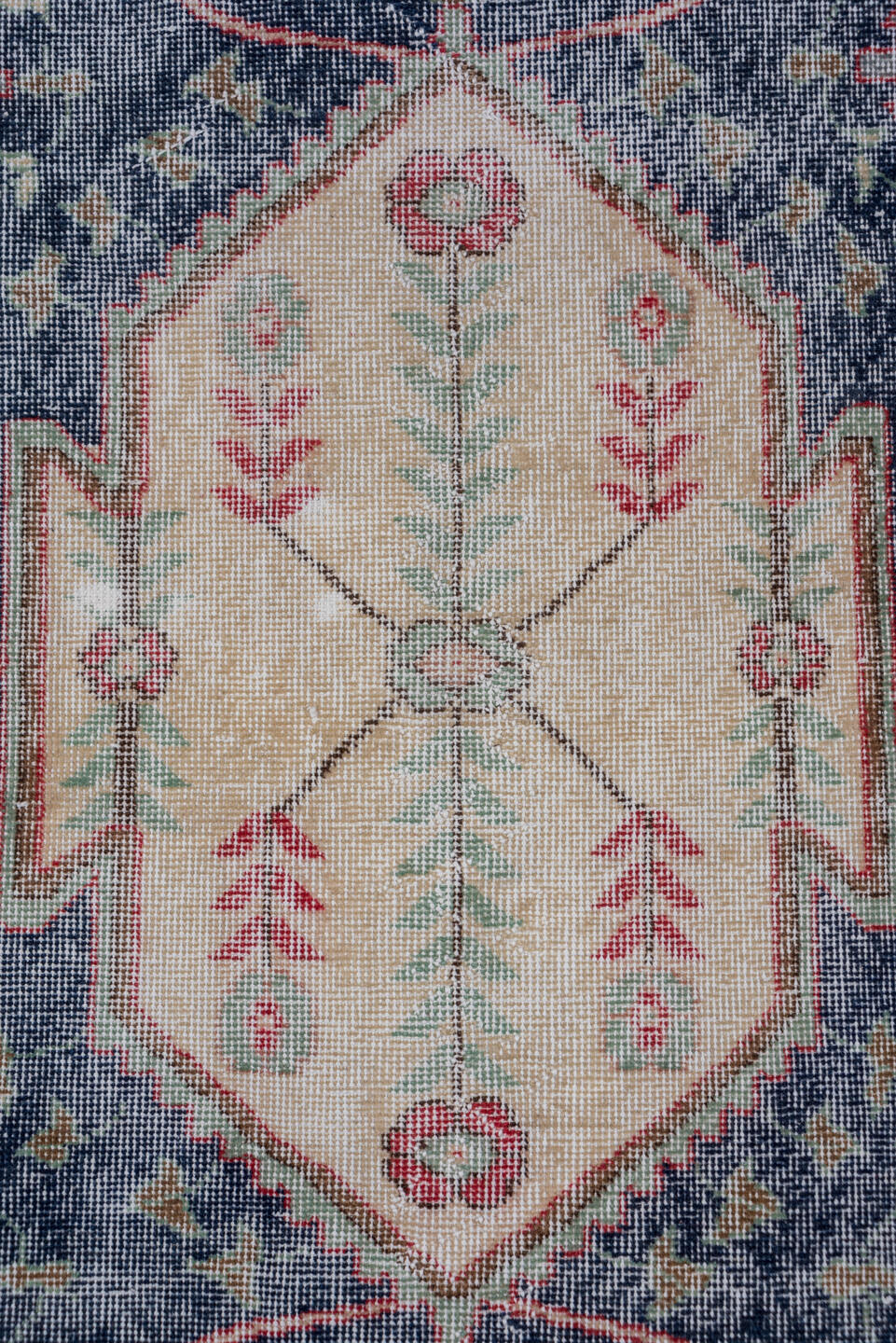 3' x 6' one-of-a-kind handmade vintage Oushak small size rug. Color palette: ivory, slate, sage, coral, rose, taupe, gray
