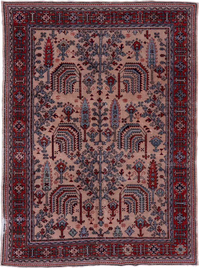 7' x 9' one-of-a-kind handmade antique Oushak rug. Color palette: ivory, rust, slate, charcoal, rose, crimson, terracotta