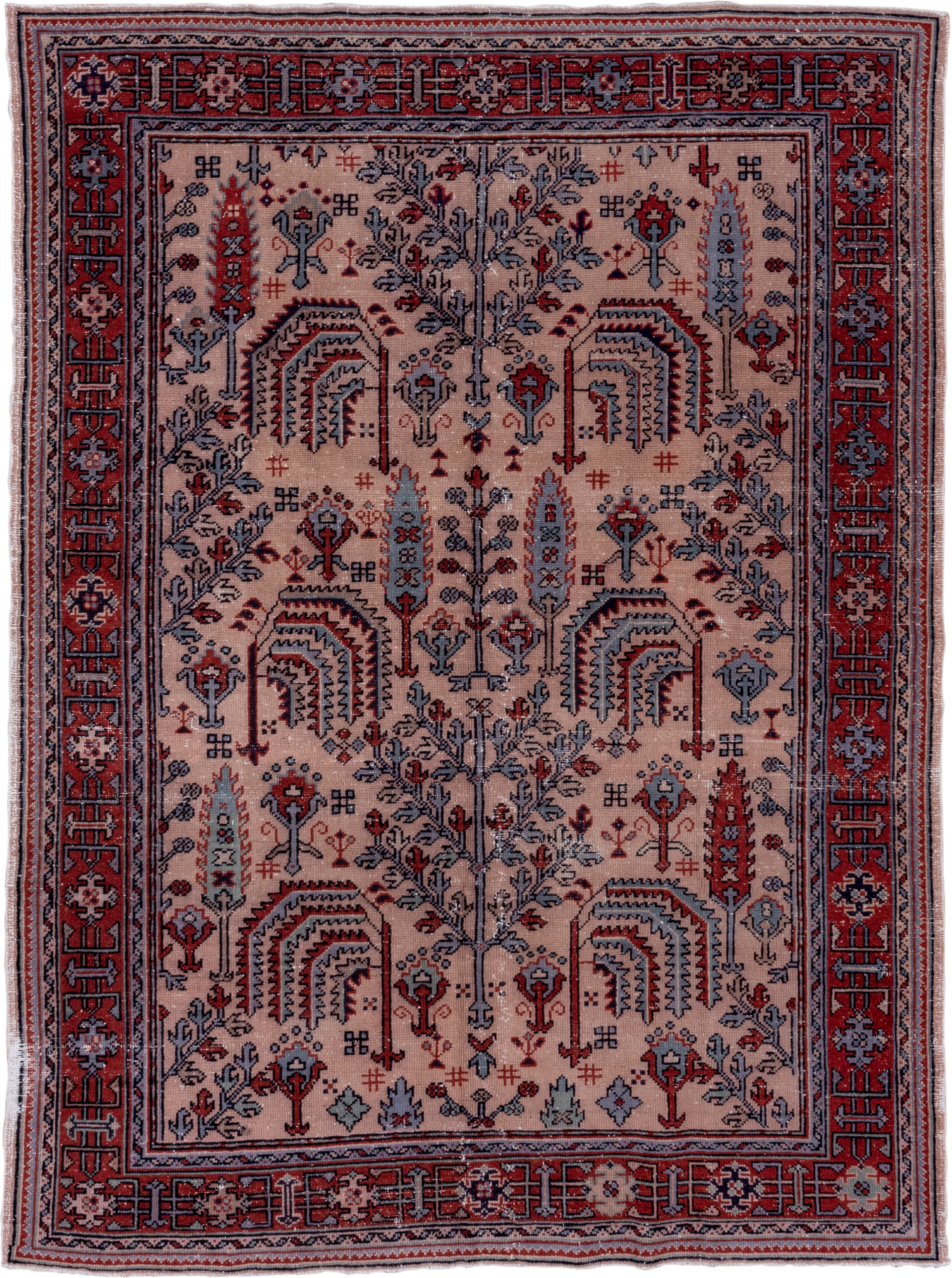 7' x 9' one-of-a-kind handmade antique Oushak rug. Color palette: ivory, rust, slate, charcoal, rose, crimson, terracotta